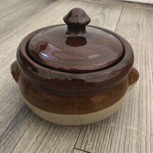 Vintage Stoneware Bean Pot Crock Two Tone Glazed Brown Double Handles Lid Jar